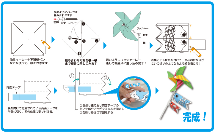 【こいのぼり＆かざぐるま工作キット】手持ちこいのぼり【簡単工作】 作り方画像