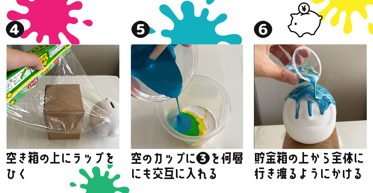 【夏の親子イベント】フルイドアートで楽しむ「いろぬり貯金箱」でワークショップ体験 作り方画像
