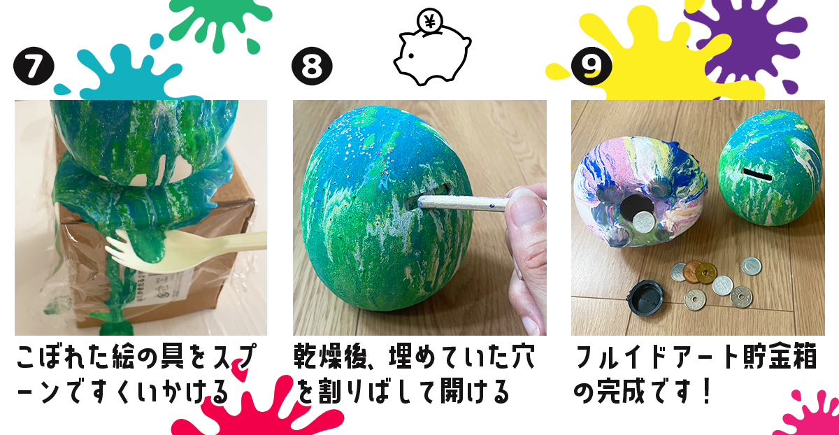 【夏の親子イベント】フルイドアートで楽しむ「いろぬり貯金箱」でワークショップ体験 作り方画像